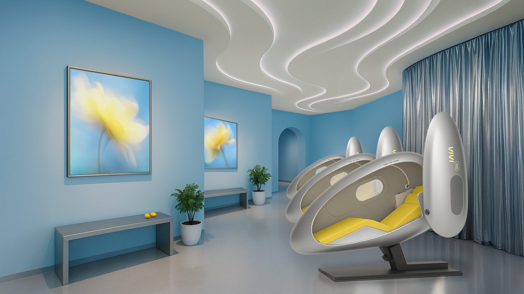 VIVI Sleep Pods im Raum – Flur mit Pods und Kunstwerken